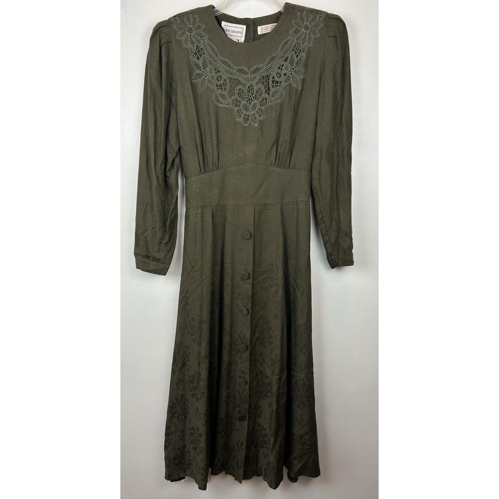 80s Vintage Dress Green Tapestry Print Midi Lace Collar Read